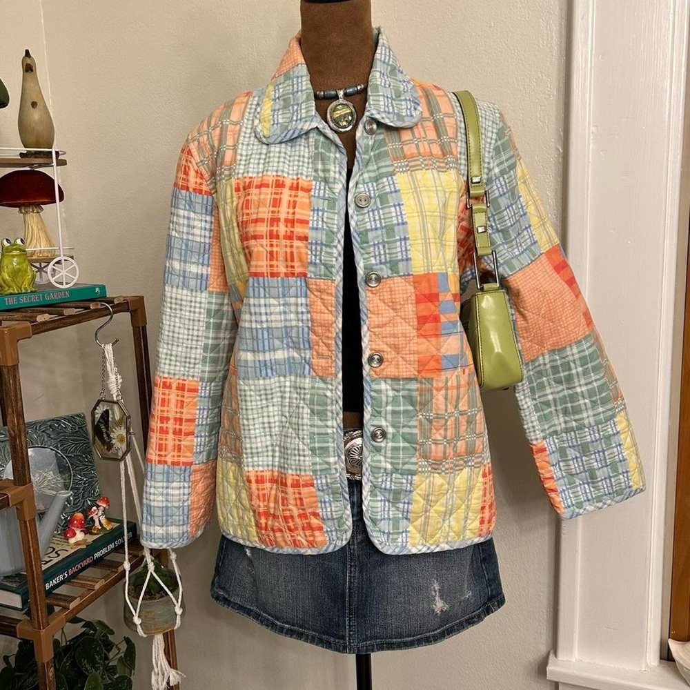 Blue Orange Multicolor Patchwork Quilted Button U… - image 1